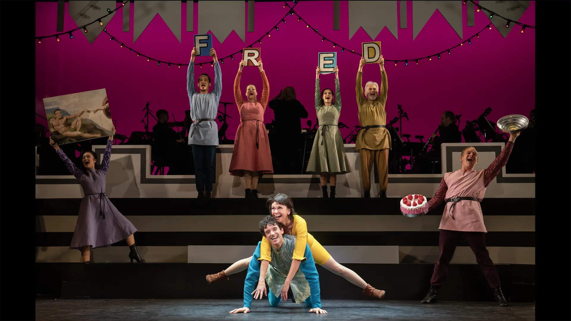 Prince Dauntless (Michael Urie), Fred (Sutton Foster) and company in Once Upon a Mattress at New York City Center Encores