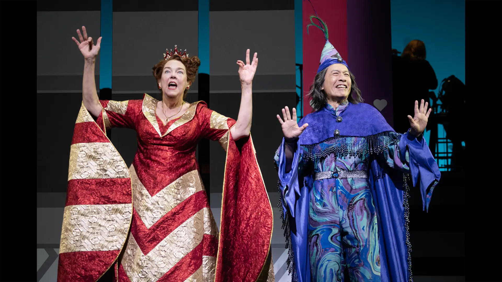 Queen Aggravain (Harriet Harris) and the Wizard (Francis Jue) in Once Upon a Mattress at New York City Center Encores