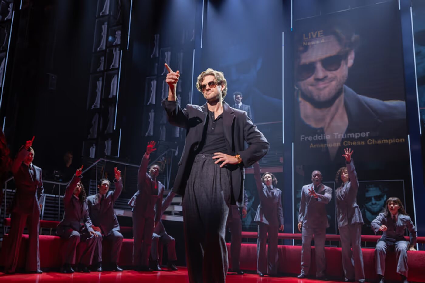 Aaron Tveit and cast in Chess on Broadway